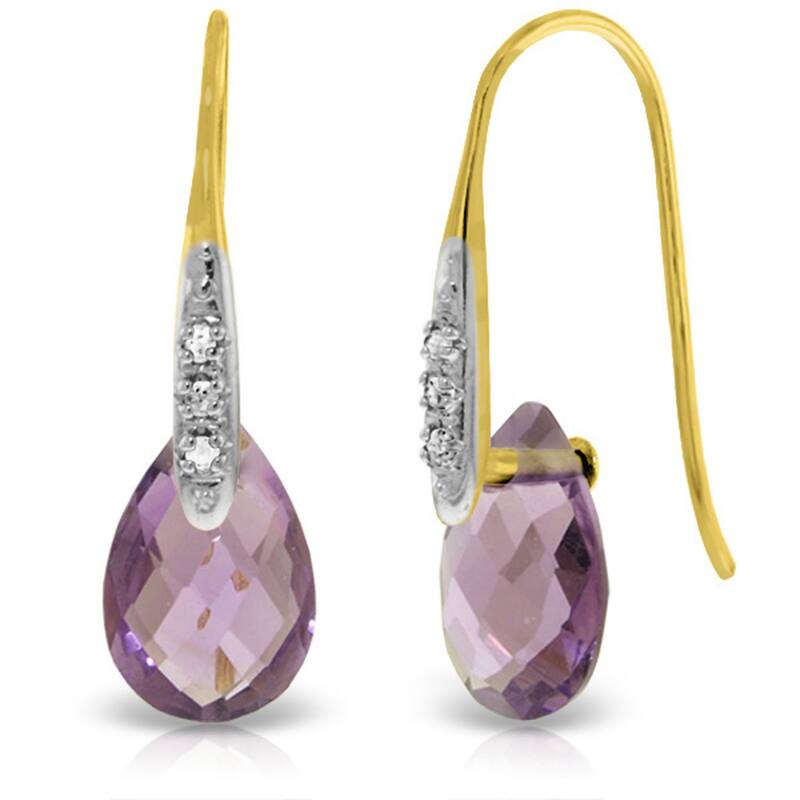 14K Solid Gold Fish Hook Earrings w/ Diamonds & Dangling Amethysts - Yellow