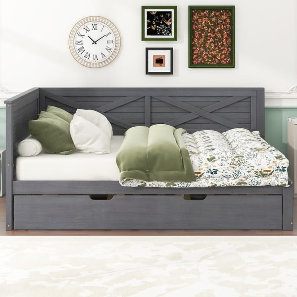 slide 2 of 15, Twin Platform Daybed with Trundle, Wood Daybed Grey Grey - Twin