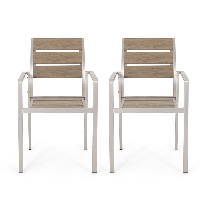 Outdoor Aluminum Dining Chairs Set of 2 All-Weather Armchair with Faux Wood Seat for Patio, Deck, Garden, Yard
