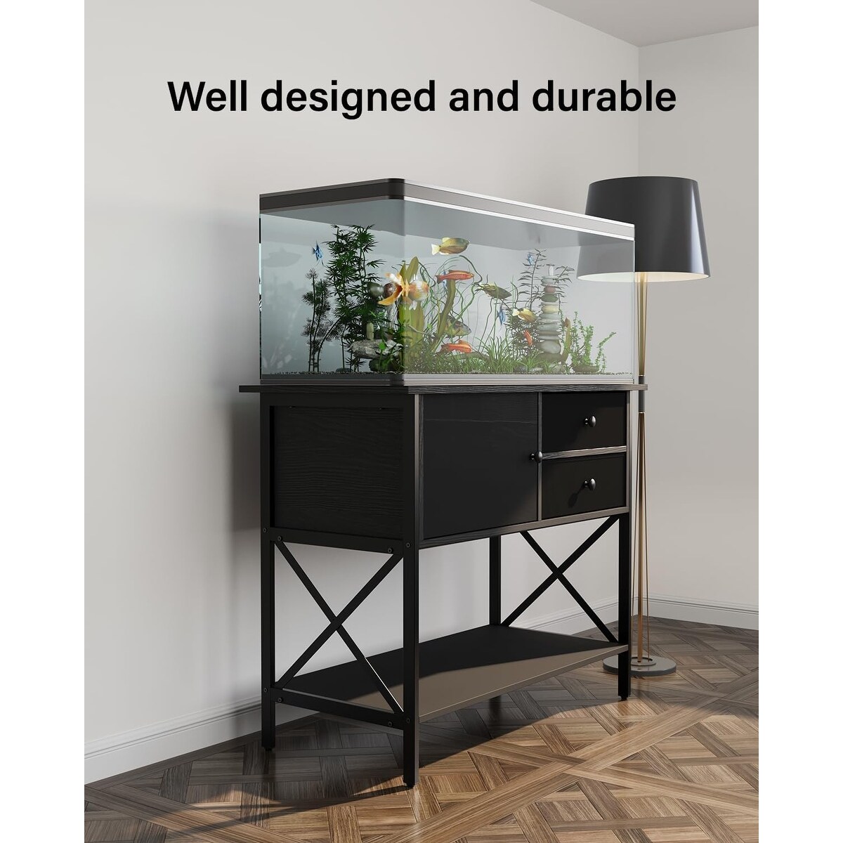 CHERIE HOME 40 Gallon Aquarium Stand Metal Fish Tank Stand With Drawers Black
