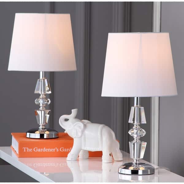 slide 2 of 7, SAFAVIEH Lighting 15-inch Crescendo White Shade Tiered Crystal Table Lamp (Set of 2) - 9"W x 9"D x 16"H