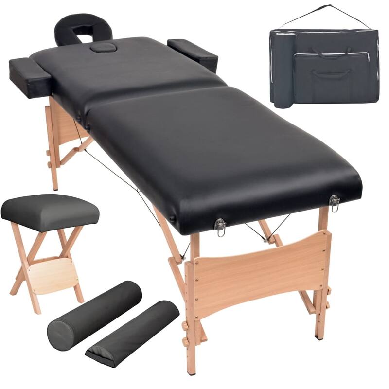 vidaXL 2-Zone Folding Massage Table and Stool Set 3.9" Thick White/Black - Black