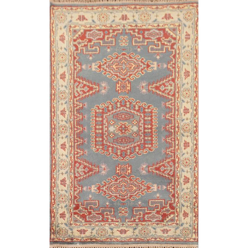 Gray Geometric Kazak Accent Rug Hand-Knotted Oriental Wool Carpet - 2'11"x 5'1"