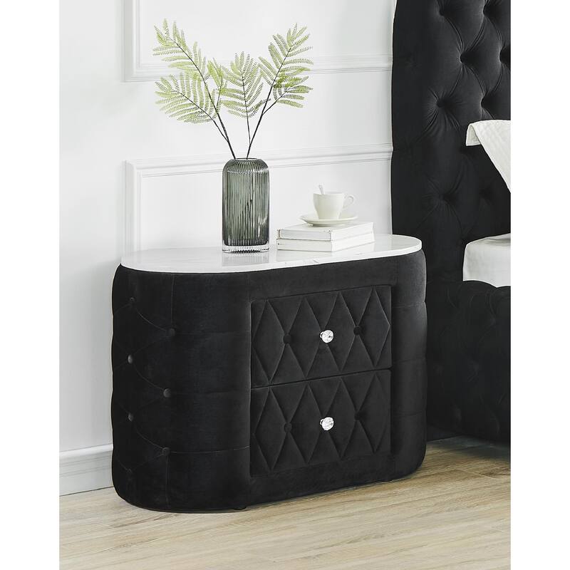 1pc Oval Faux Marble Top Nightstand 2- Drawers Storage Button Tufted Faux Crystal Tufted