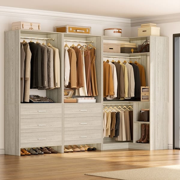 slide 2 of 10, Cimly Set of 3 Freestanding Corner Closet System, Space-saving Closet Organizer for Walk-in/ Reach-in Closet 81'' - Washed Oak