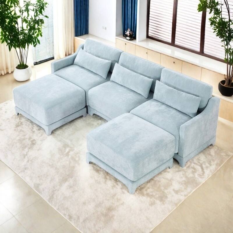 Modern Chenille 4-Seater Sofa with 2 Ottoman, Lumbar Cushions, Ergonomic Backrest, High-Resilience Spongeand Tufted Armrests - 3 Seater with 2 Ottoman Blue