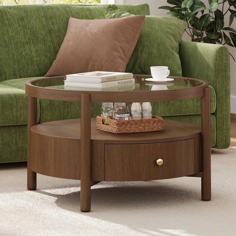 2-Tier Solid Wood Round Coffee Table with Storage Drawer and Glass Top,29.5*29.5"