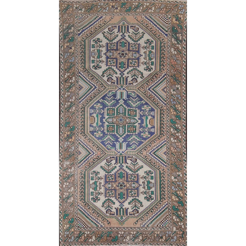 Beige Geometric Bakhtiari Vintage Persian Rug Handmade Wool Carpet - 4'10" x 9'9"