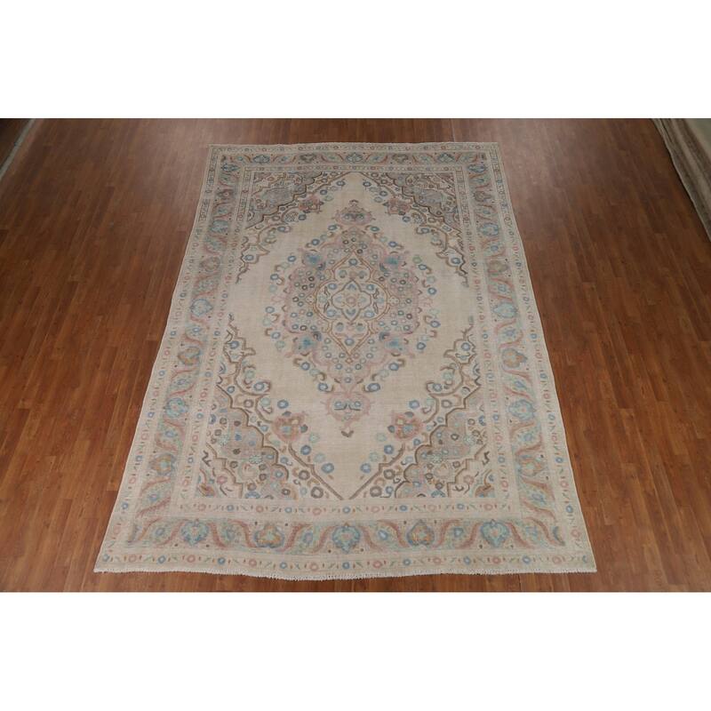 Beige / Ivory Medallion Tabriz Persian Rug Hand-Knotted Wool Carpet - 8'0"x 11'4"