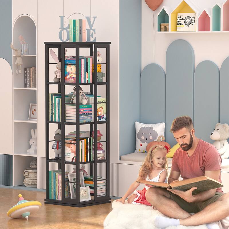 Corner Rotating Bookshelf, 360 Display Wood Spinning Bookshelf, Floor Standing Bookcase Organizer Storage Rack