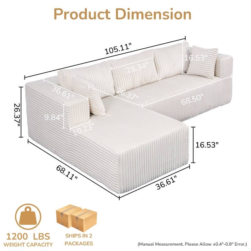 105 in. Wide Square Arm 2-Piece Modern Corduroy Fabric L-Shape Modular Sectional Sofa