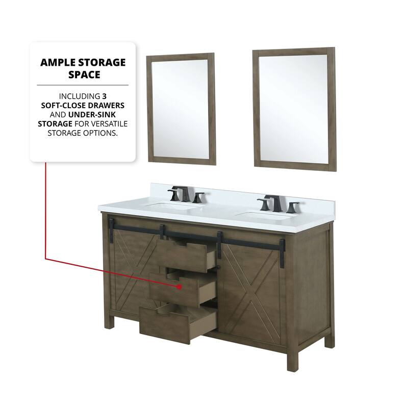 Marsyas 60 in W x 22 in D Ash Grey Double Bath Vanity, White Quartz Countertop, Faucet Set and 24 in Mirrors