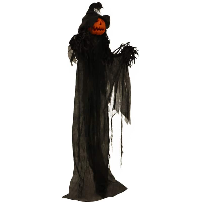 Haunted Hill Farm Life-Size Poseable Pumpkin Witch with Lights and Sound, Indoor/Covered Outdoor Halloween Decoration