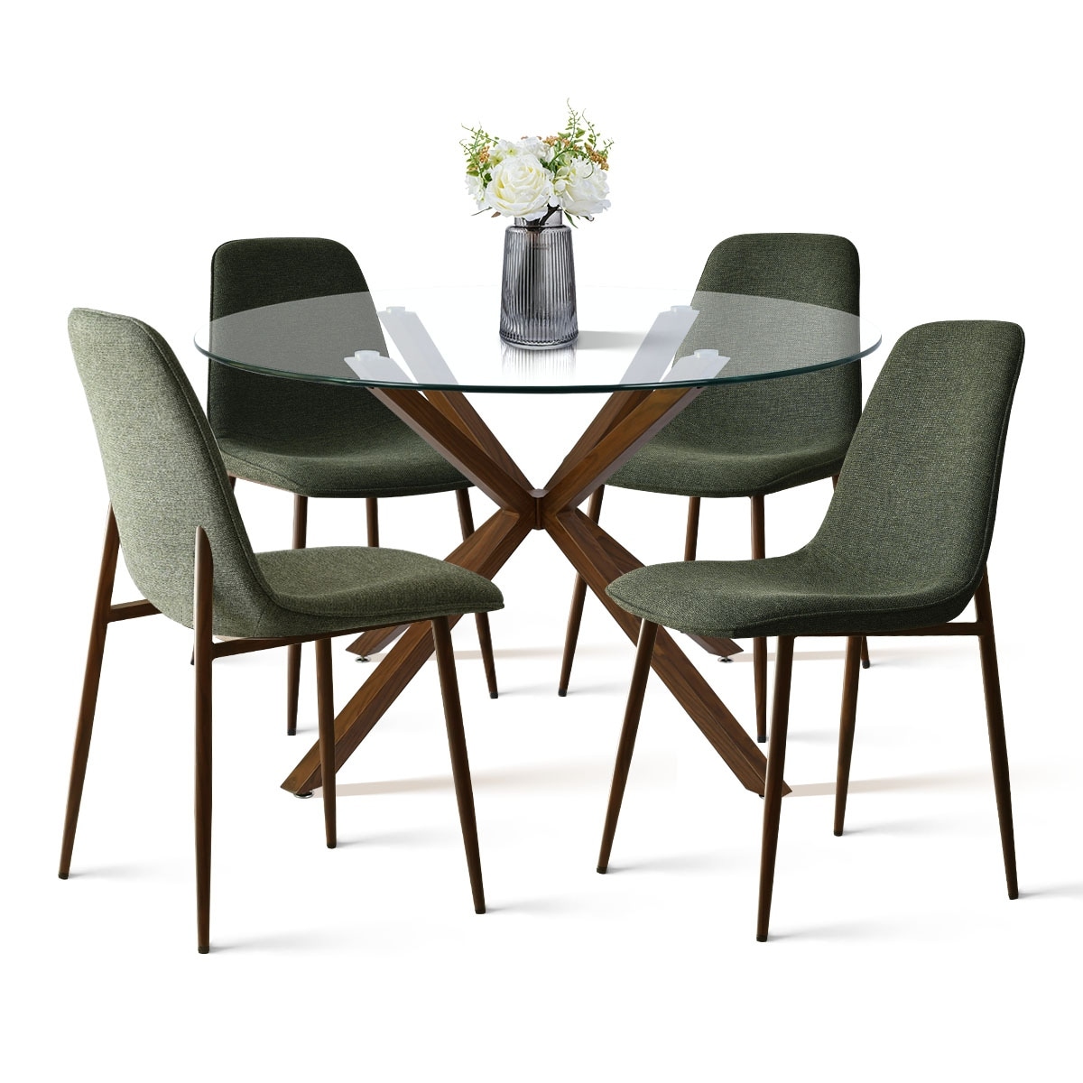 Modern Round Glass Table Set for 4 with Upholstered Dining Chairs