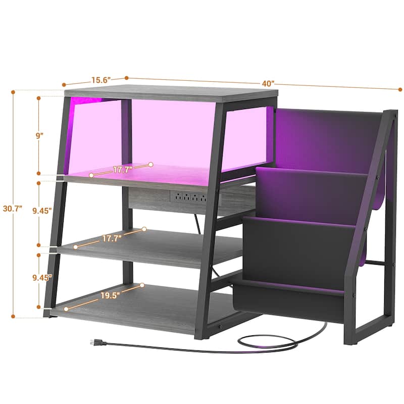 4-Tier Record Player Stand with Vinyl Record Storage ＆ LED Light ＆ Charging Station, Record Player Table, Media Console