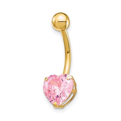 Curata Solid 10k Yellow Gold With 8mm Pink Cubic Zirconia Heart Belly Ring Dangle (8mm x 24mm)
