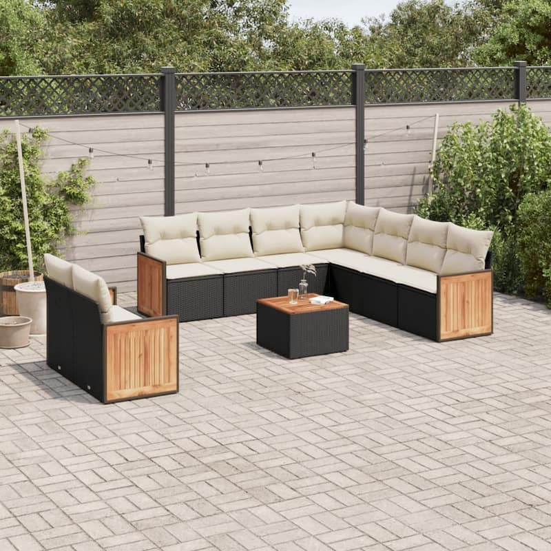 vidaXL Patio Sofa Set with Cushions Outdoor Conversation Furniture Poly Rattan - Black and Cream-With table - 24.4 x 24.4 x 27.2