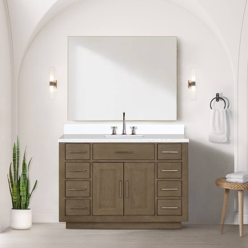 Abbey 48 in W x 22 in D Black Oak Single Bath Vanity, Cultured Marble Top, Faucet Set, and 46 in Mirror
