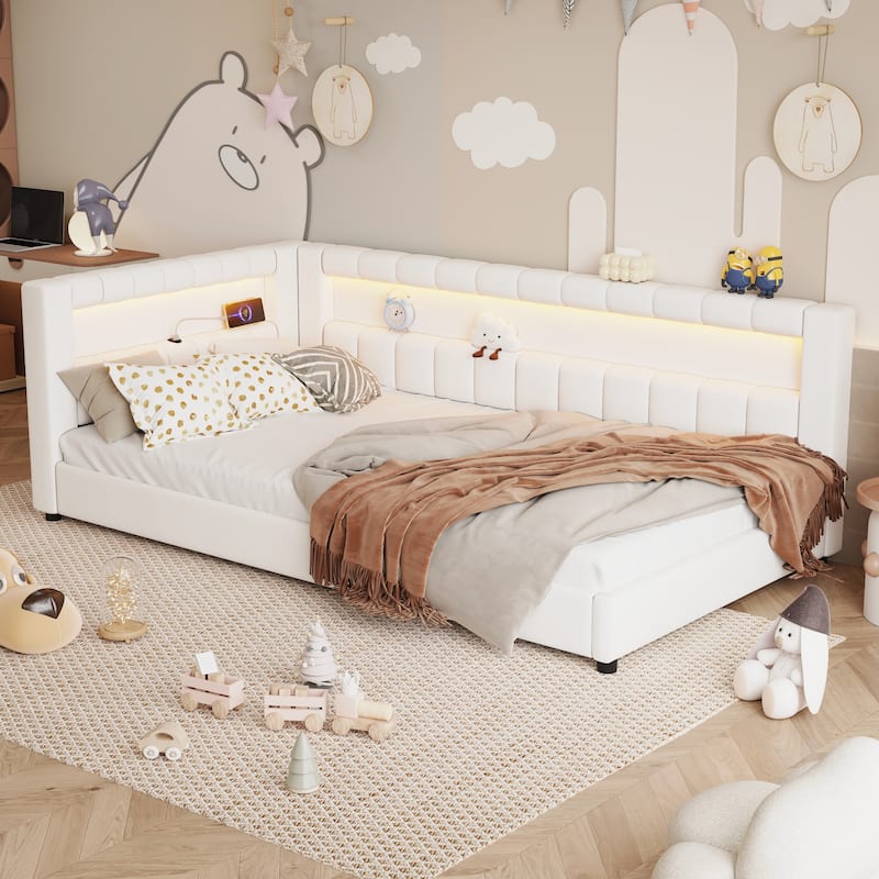 Upholstered Low-Profile Daybed Platform Bed Built-in USB Ports and LED Light Belt, Grounded Design with Padded Backrest