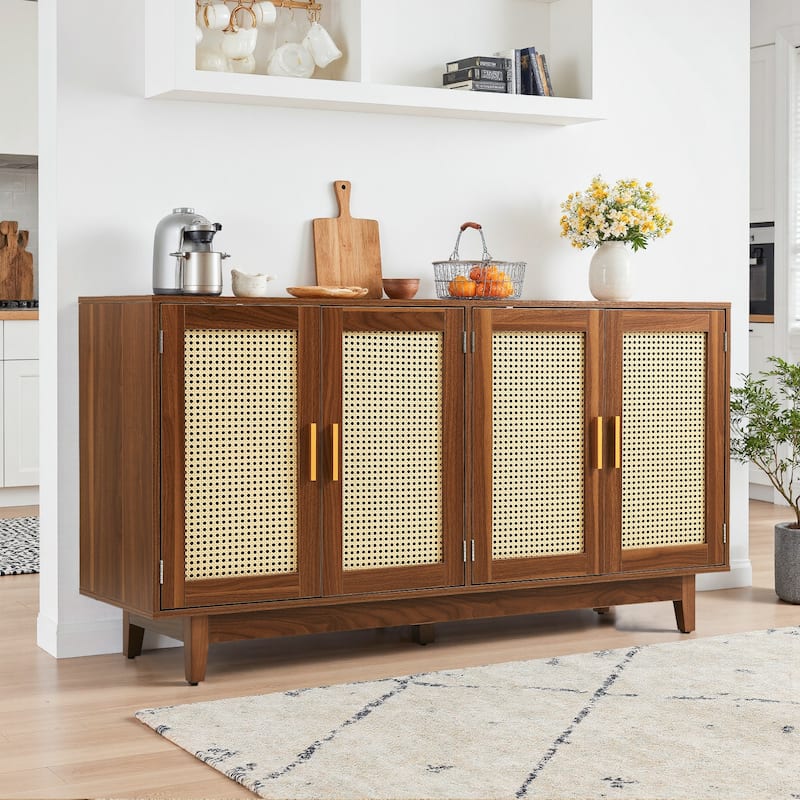 Modern 4 Door Wood Rattan Buffet Sideboard Storage Cabinet - Walnut