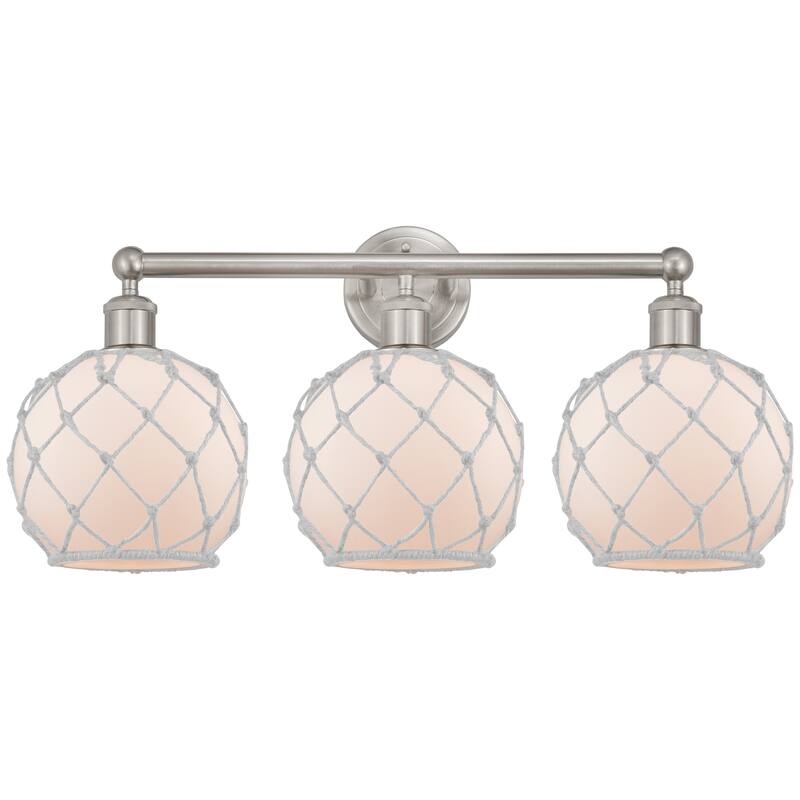 Innovations Lighting Endless Possibilities Edison - Farmhouse Rope - 3 Light 26" Bath Vanity Light - White Glass with White Rope/Brushed Satin Nickel