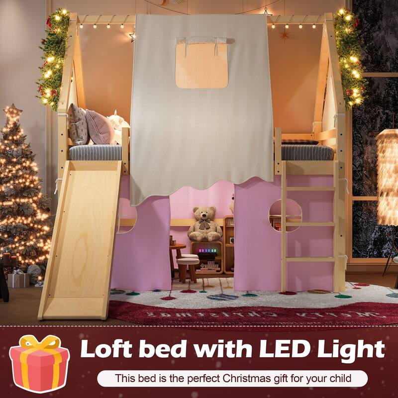 Full Size House Loft Bed with Sills and Tents, Solid Wood Loft Bed with Ladders and Slide, Chic Design with Lights