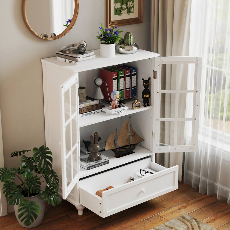 Buffet Cabinet with Double Glass Doors, Sideboard Cabinet with Drawer, Wooden Storage Cabinet with Adjustable Shelf