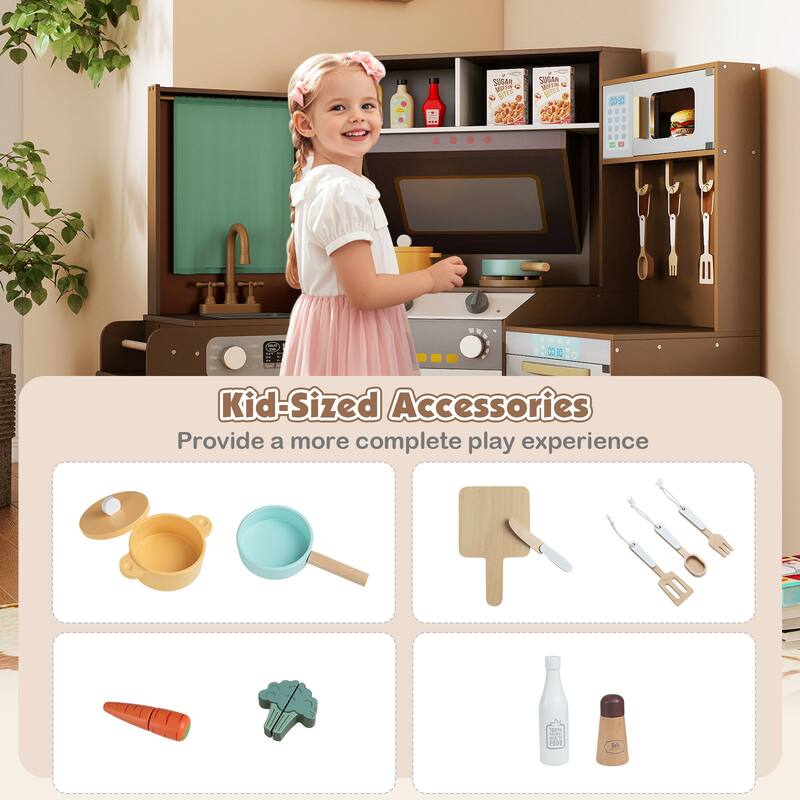 Gymax Corner Kitchen w/ Lights & Sounds Interactive Wooden Playset for