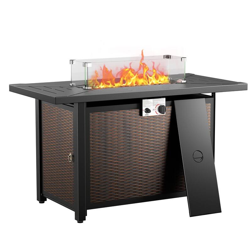 Meyreso 43 in. Rectangular Brown Metal Propane Outdoor Fire Pit Table with Glass Wind Guard Lid, Lava Rocks, 50000 BTU