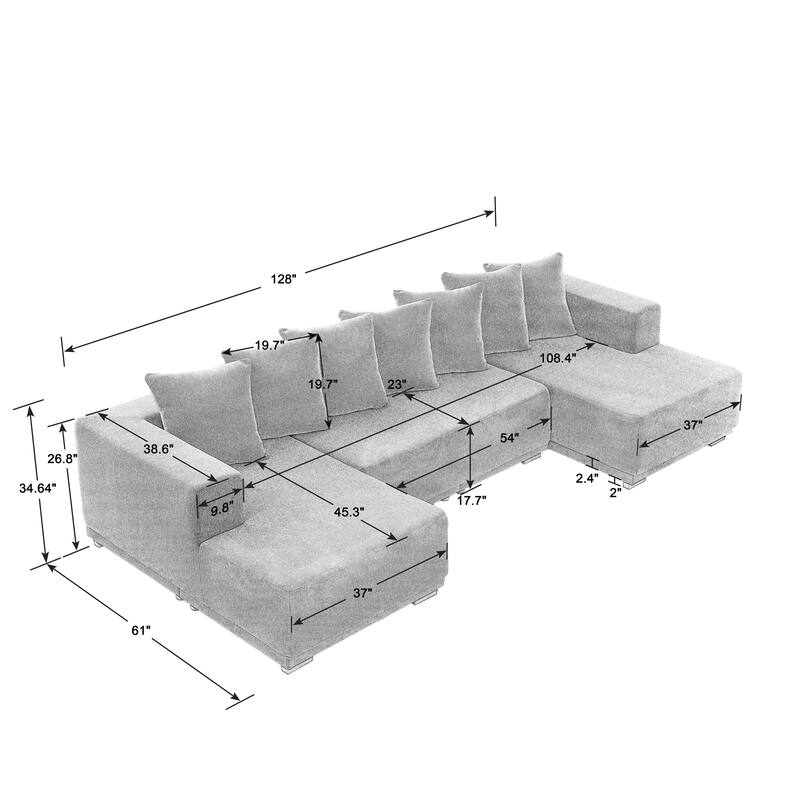 Blue Chenille U-Shaped Sofa Set, Modular Cloud Couch, 128x61x35 inches, 227 lbs