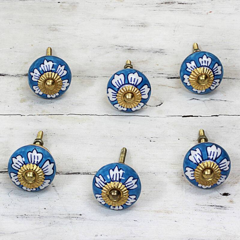 NOVICA Handmade Ceramic Blue Flowers Cabinet Knobs Set of 6 (India) - 1.8