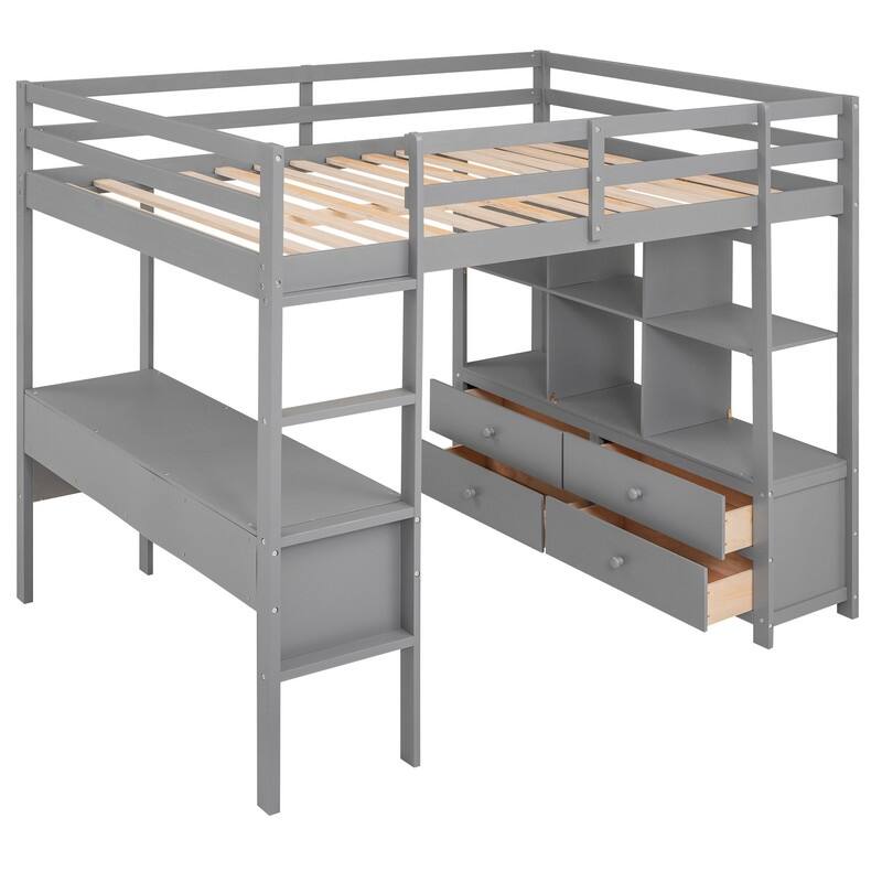 Full Size Wooden Loft Bed with Built-in Desk with Two Drawers, and Storage Shelves and Drawers For Kids