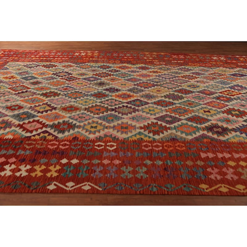 All-Over Geometric Kilim Oriental Large Rug Hand-Woven Wool Carpet - 10'5"x 16'2"