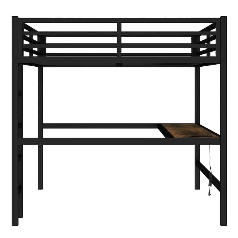 Metal Queen LED Gaming Loft Bed Frame with Desk and Charging Station