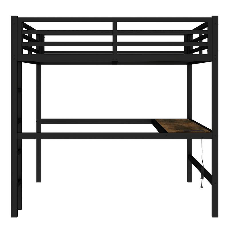 Queen Size Metal Loft Bed with Desk, USB Charging & LED Lights, Space-Saving Design, Black