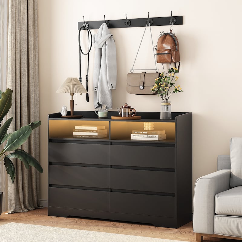 6-Drawer Double Dresser with LED Lights Chest of Drawers - Black - 6-drawer