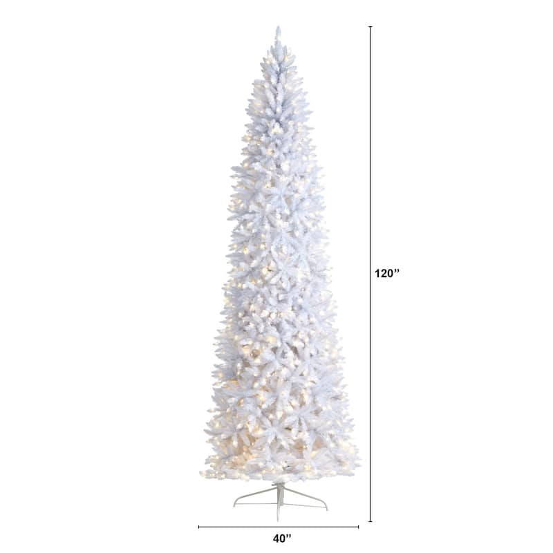10ft White Christmas Tree Pre-Lit - Slim Artificial Tree with 800 Warm Lights & Bendable Branches - Holiday Decor - 120