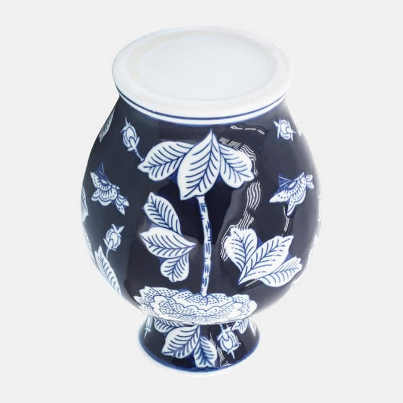 Floral Chinoiserie Ceramic Vase - 9" - White and Blue