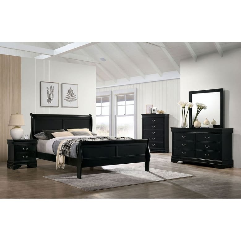Full Size Black Sleigh Bed in Contemporary Style, Solid Wood Construction