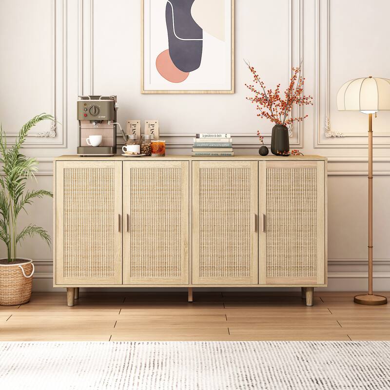 Stylish 62.20" Rattan Decorative Storage Cabinet, 4 Doors, Adjustable Shelves, for Bedroom, Office & Living Room. - Natural