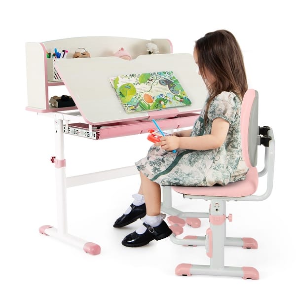 slide 2 of 7, Gymax Kids Desk & Chair Set Height Adjustable Children School Study Pink