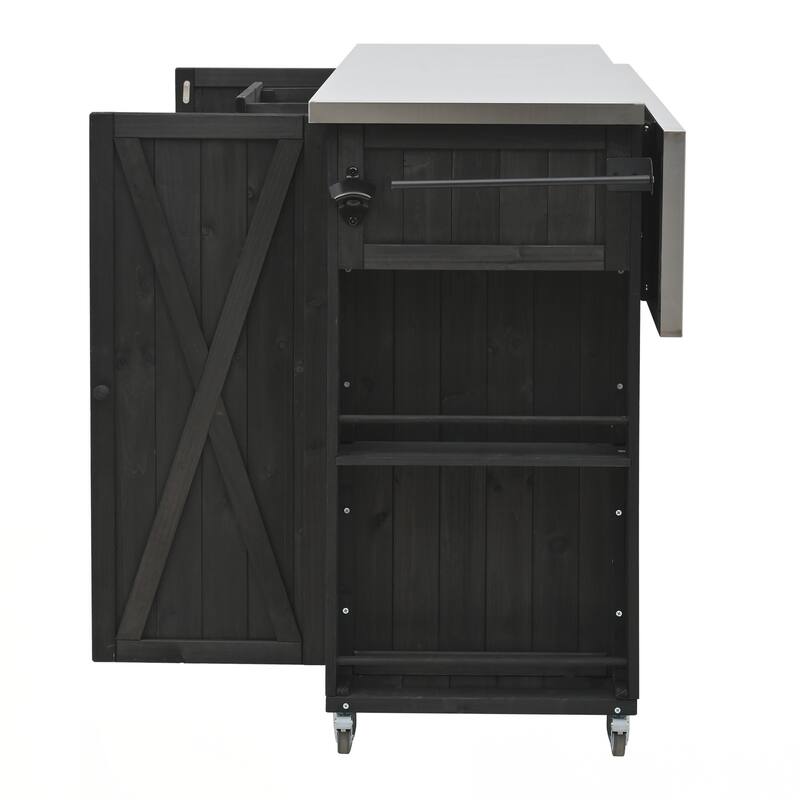 Outdoor Kitchen Island Fir Wood Kitchen Island with Stainless Steel Top, Ample Storage Space, Towel and Spice Racks