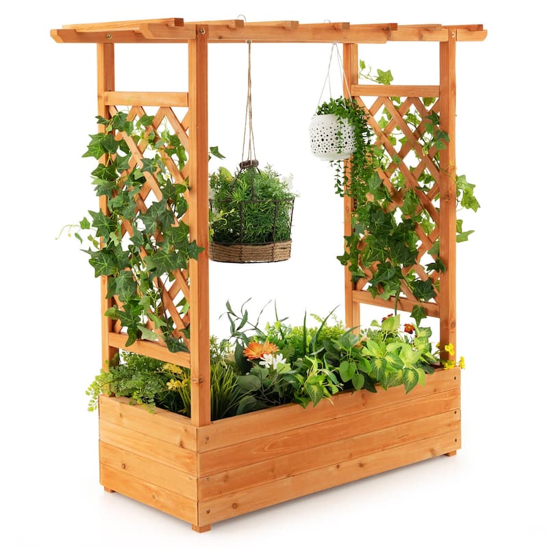 Gymax Raised Garden Bed Planter Box w/ Side & Top Trellis for Vine - Orange