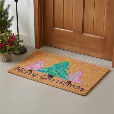 HomeRoots 24" X 36" Brown Green And Pink Christmas Trees Merry Christmas Outdoor Coir Door Mat - 24.00' X '36.00