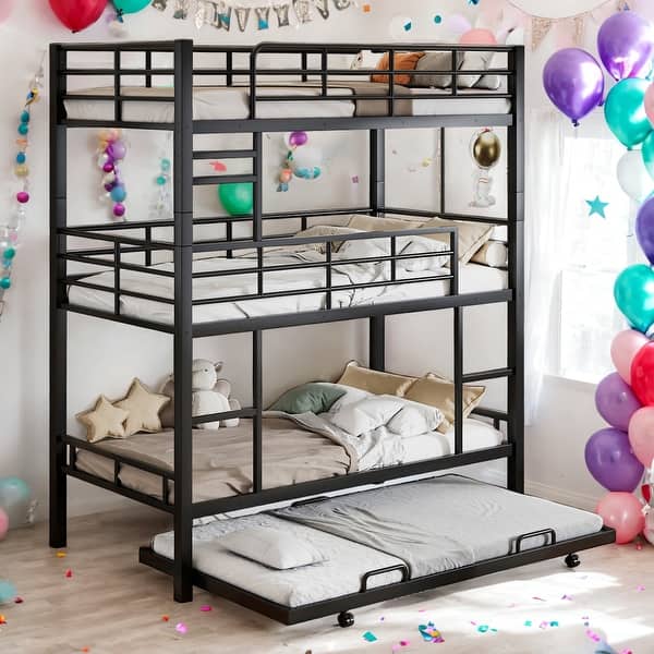 slide 2 of 10, 3 IN 1Twin-Twin -Twin Size Triple Bunk Bed With Trundle Black