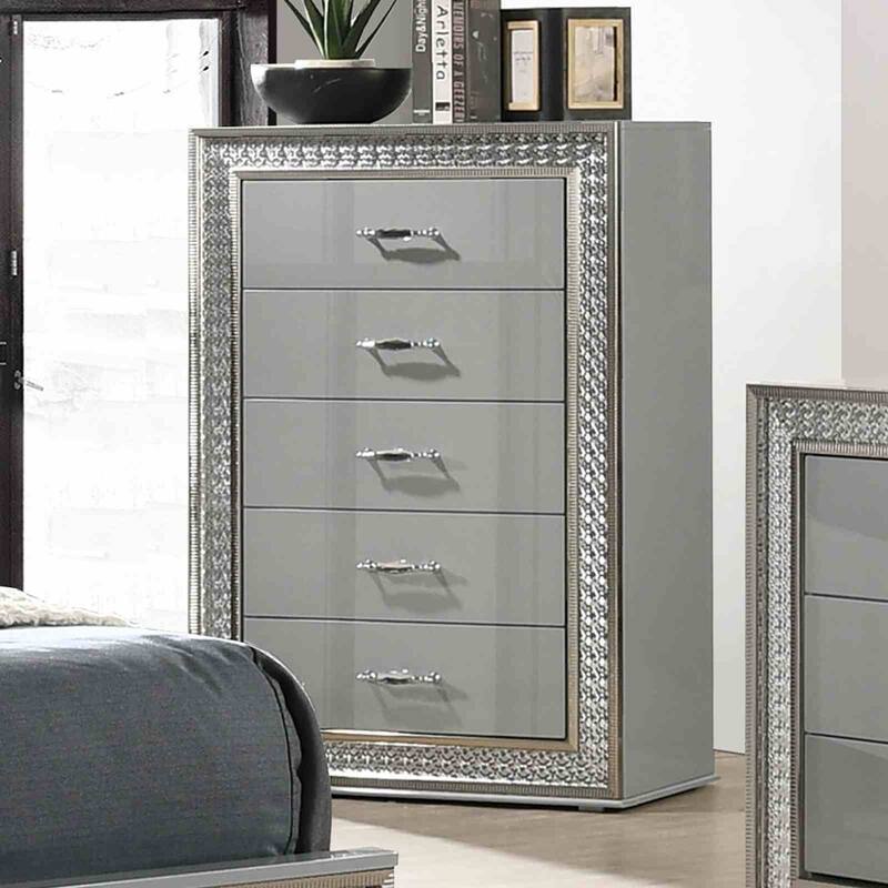 Glam Metallic Gray Bedroom Set with Backlit LED on Headboard and Mirror