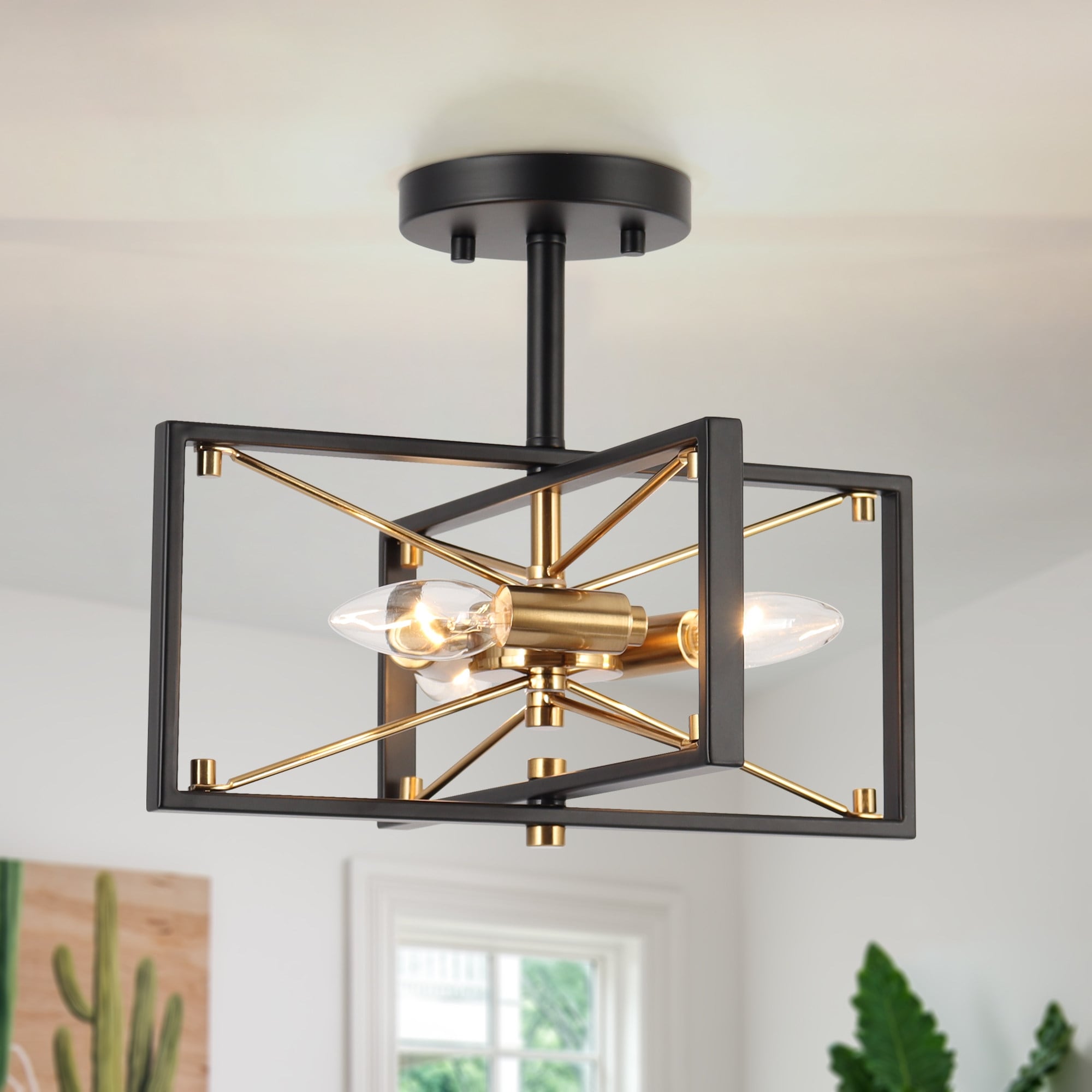 Leno Modern Black Gold 3 Light Geometric Semi Flush Mount Rectangular Frame Interleaved Design Ceiling Light 3 Light