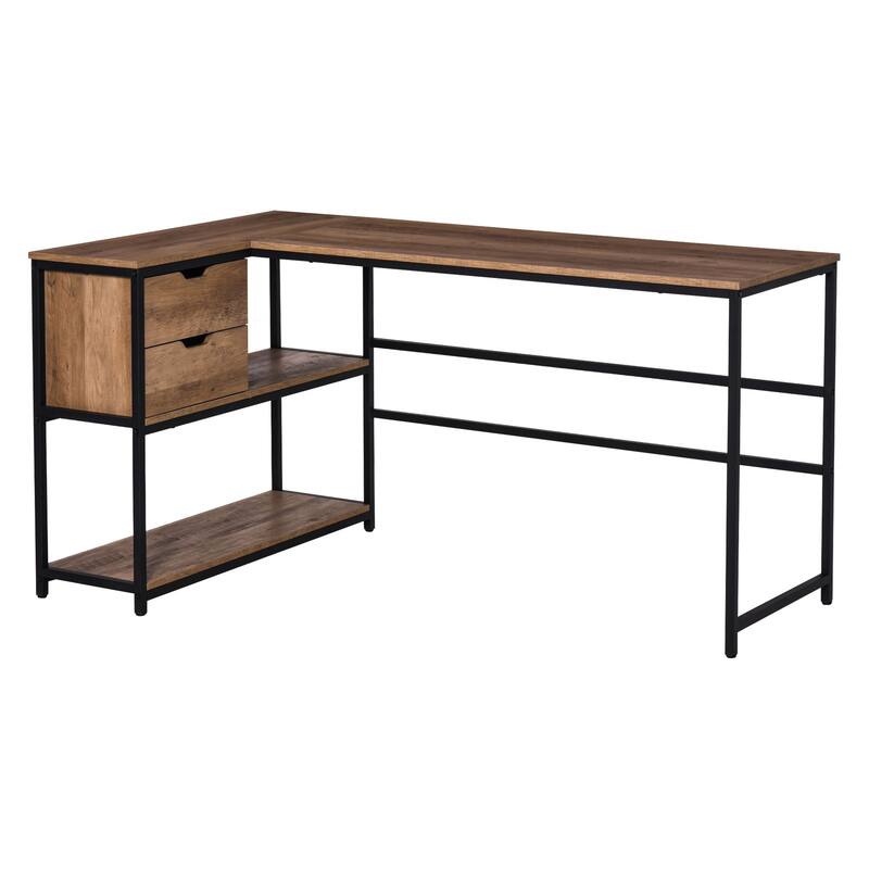 Industrial L Shaped Corner Office Desk with 2 Storage Drawers and Shelves for Compact Home Office or Studio