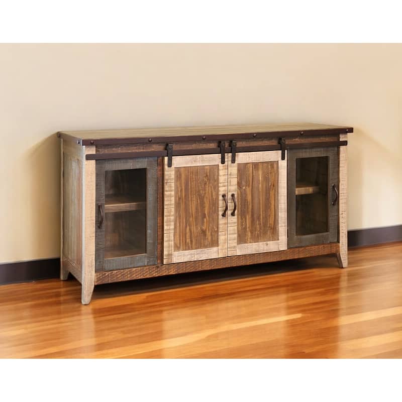 HomeRoots 70" Brown Solid Wood Cabinet Enclosed Storage Distressed TV Stand - 70' X '34.75' X '19 - Brown - 70' X '34.75' X '19