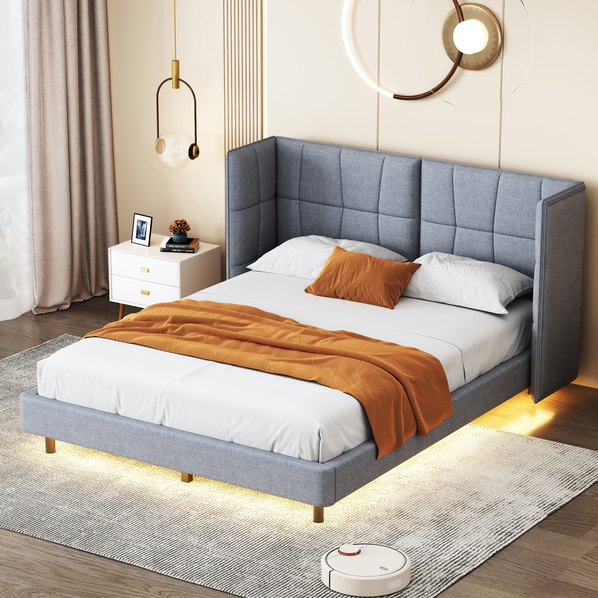 Modern Design Upholstered Platform Bed with Versatile LED Lights and U-Shaped Headboard, Linen Fabric, Queen Size